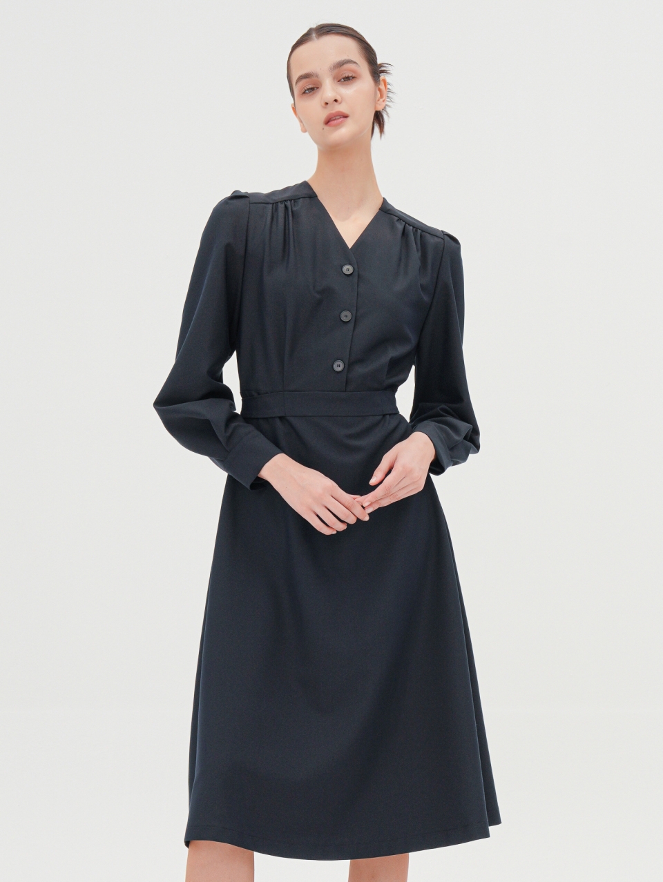 V-neck Long Sleeve Shirt Dress _Navy