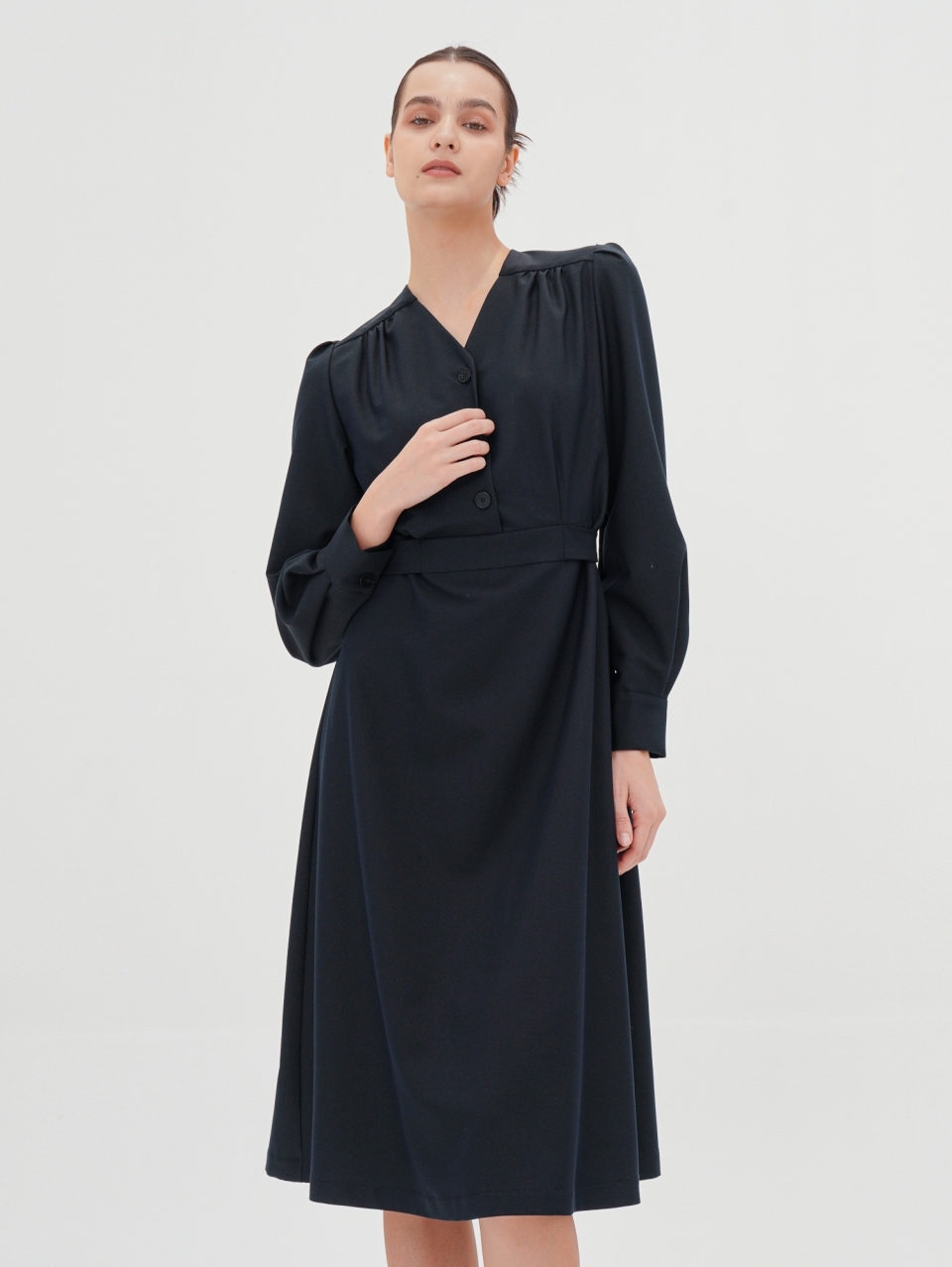 V-neck Long Sleeve Shirt Dress _Navy