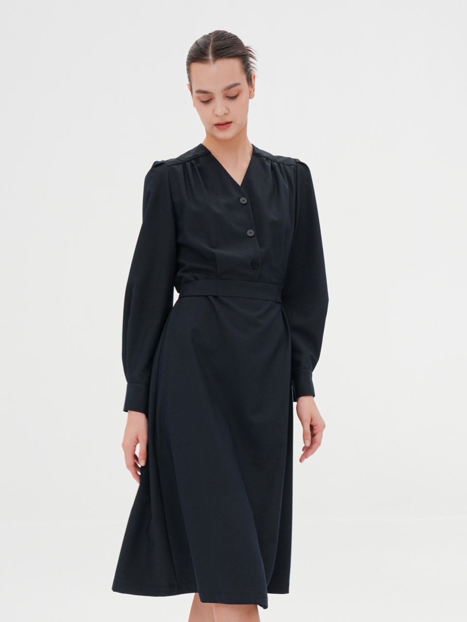 V-neck Long Sleeve Shirt Dress _Navy