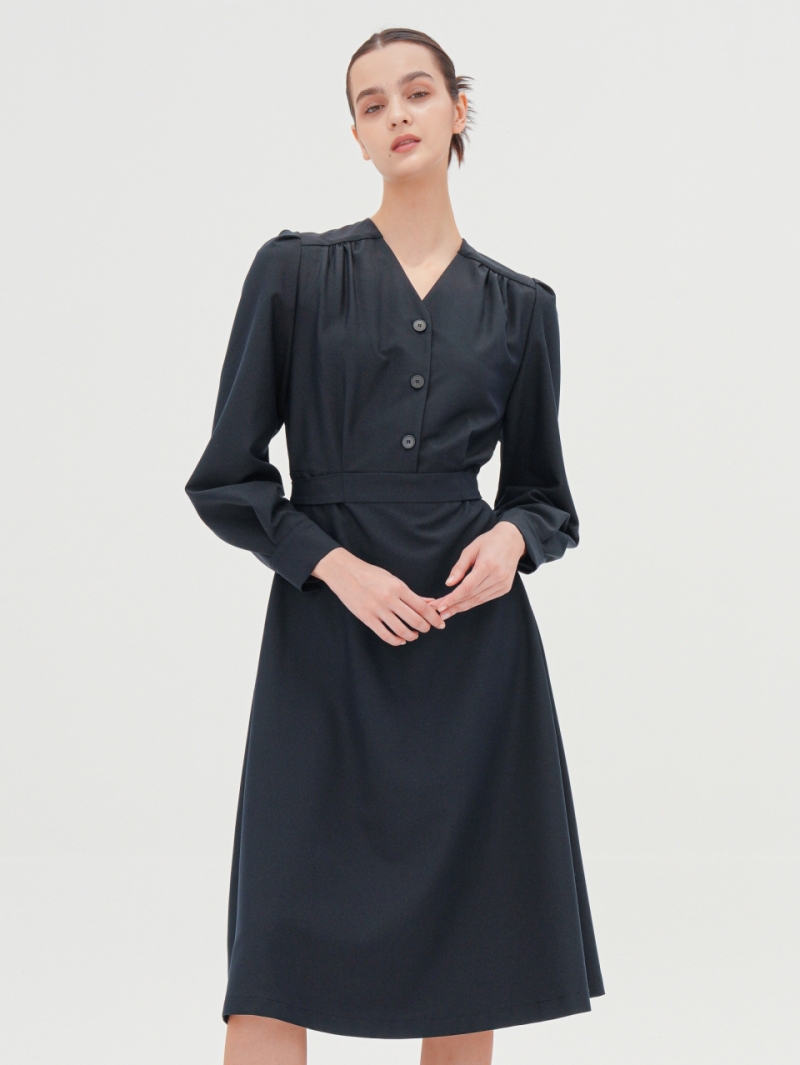 V-neck Long Sleeve Shirt Dress _Navy