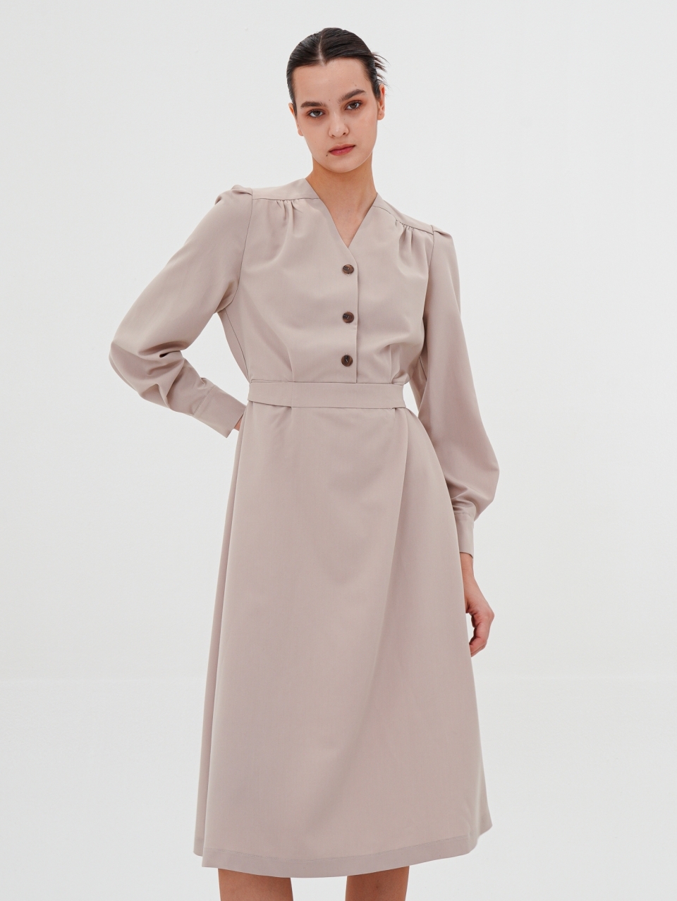 V-neck Long Sleeve Shirt Dress _Beige