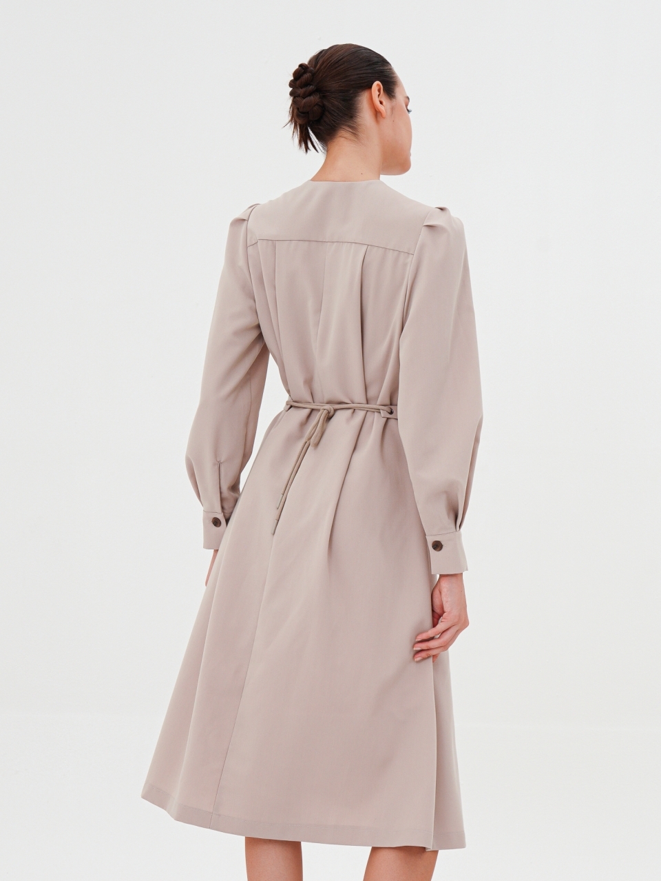 V-neck Long Sleeve Shirt Dress _Beige