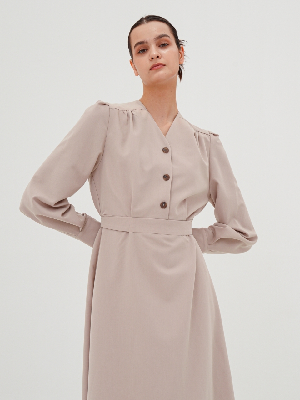 V-neck Long Sleeve Shirt Dress _Beige