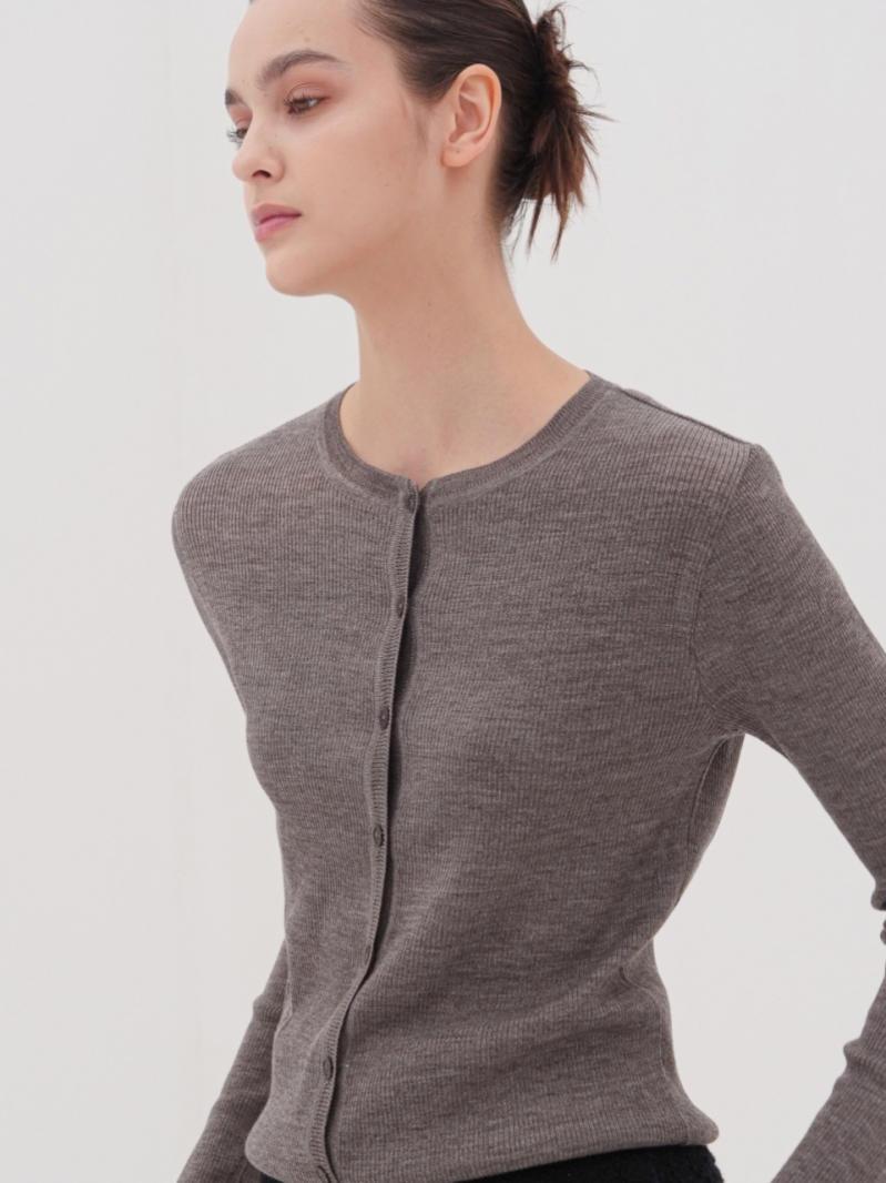 Round Neck Ribbed Cardigan _Grey