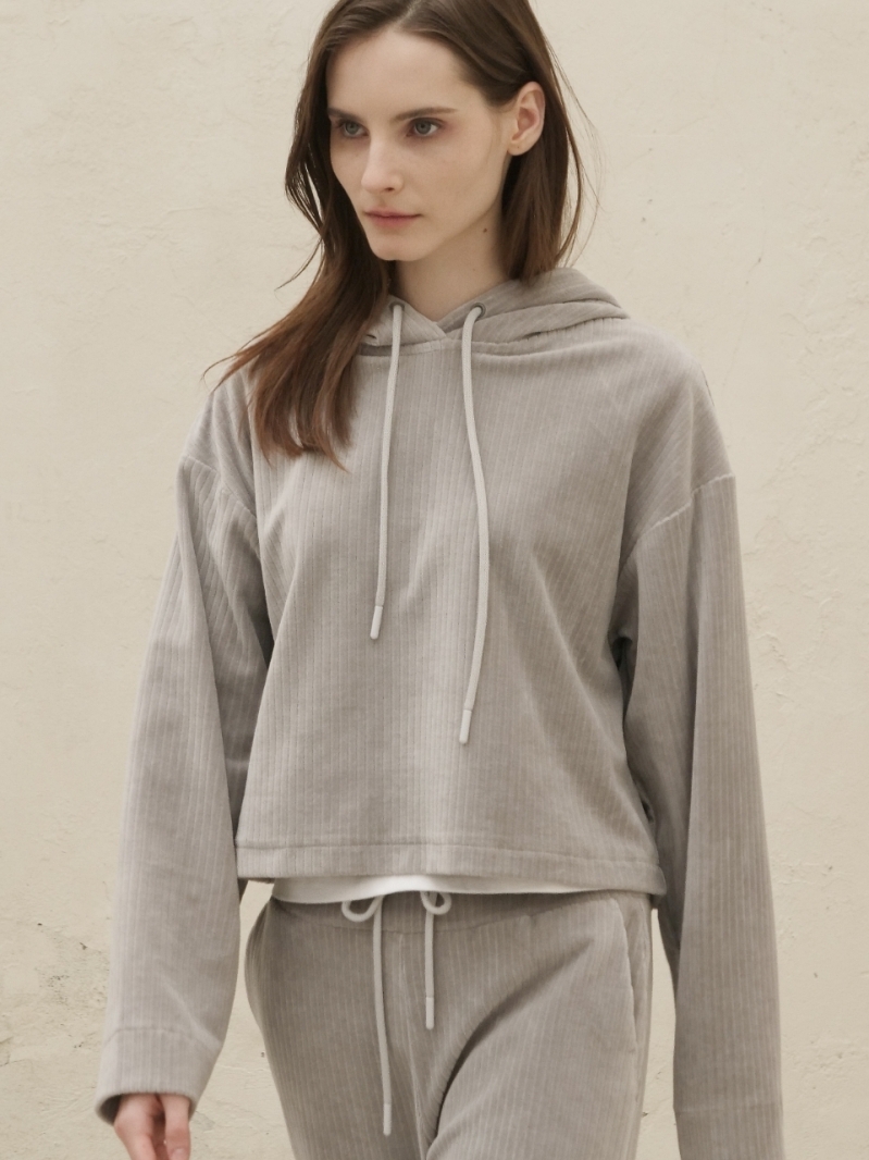 Velour Cropped Hoodie _L.Grey