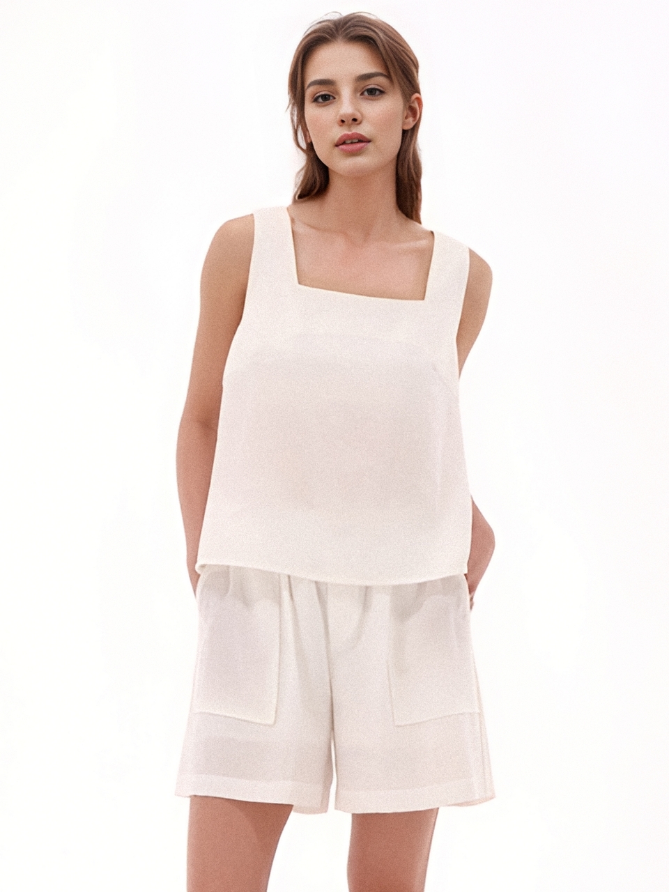 Square neck Sleeveless Top _Beige