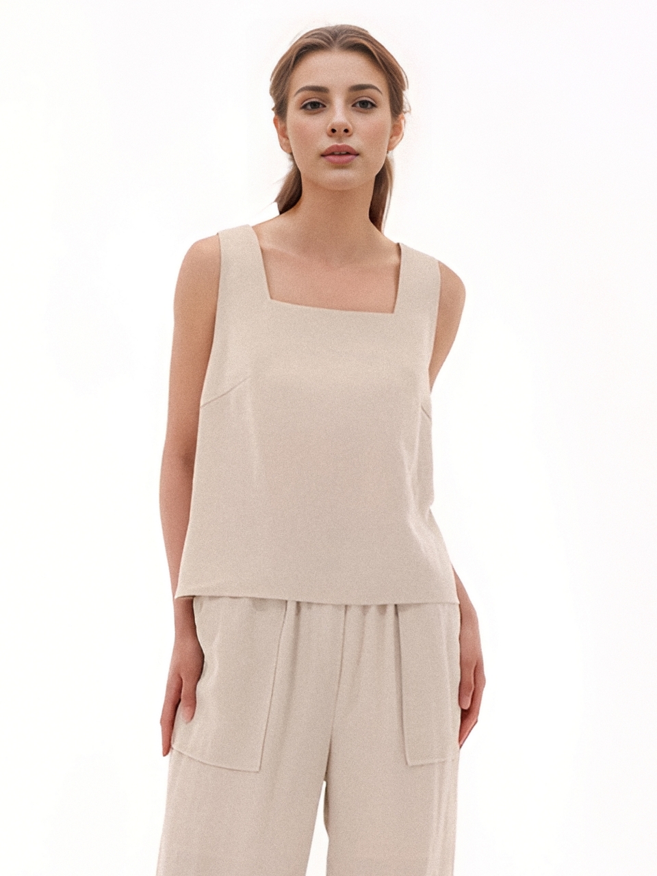 Square neck Sleeveless Top _Beige