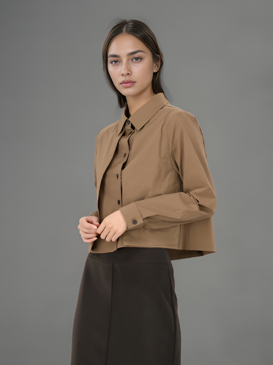 Layered Cropped Shirt _D.Beige