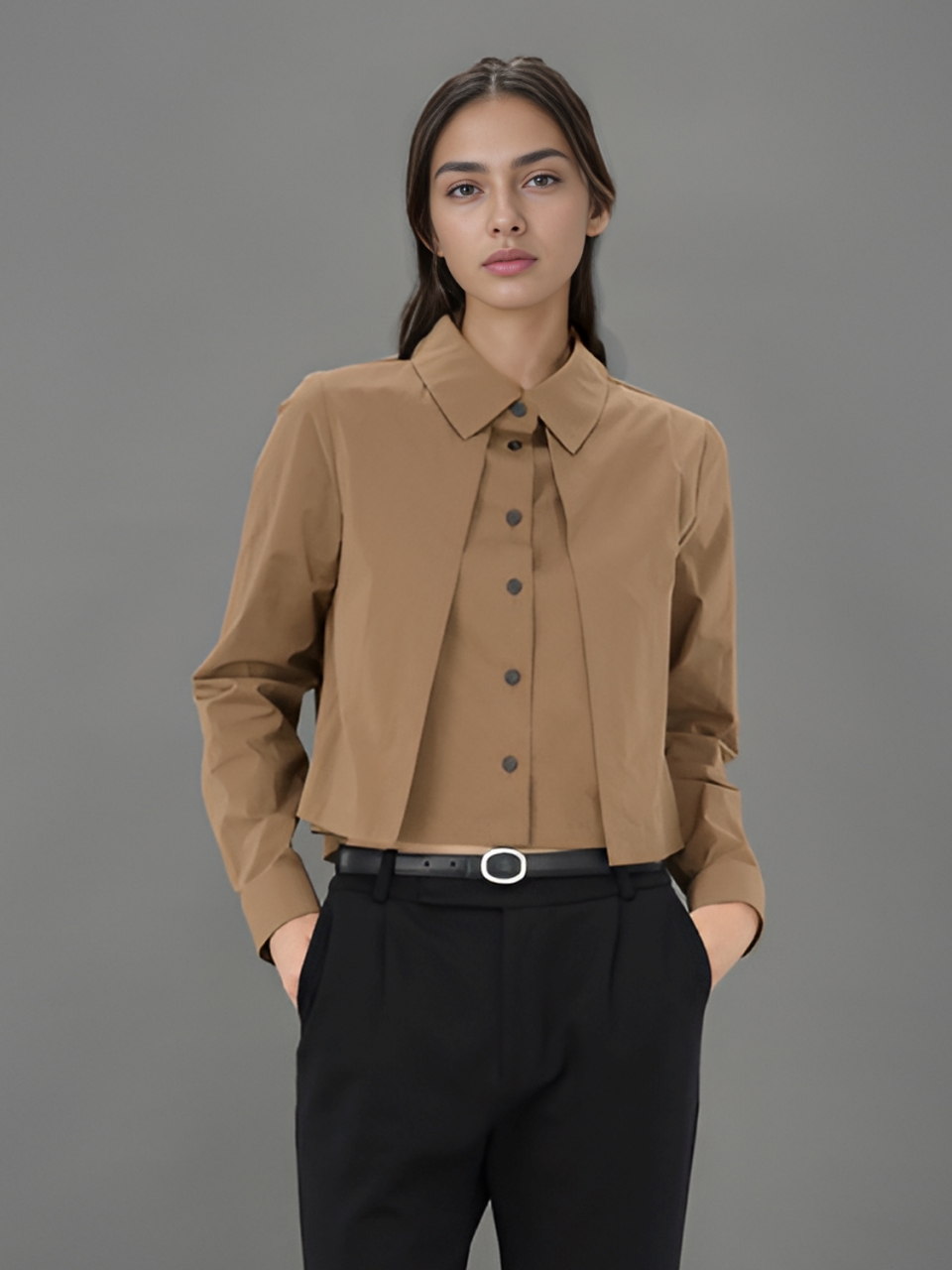 Layered Cropped Shirt _D.Beige