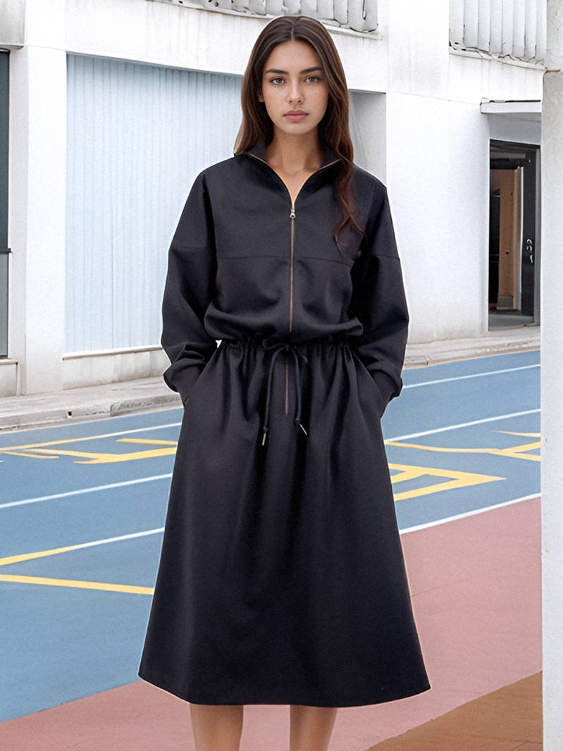 Half Zip-up String Dress _Black