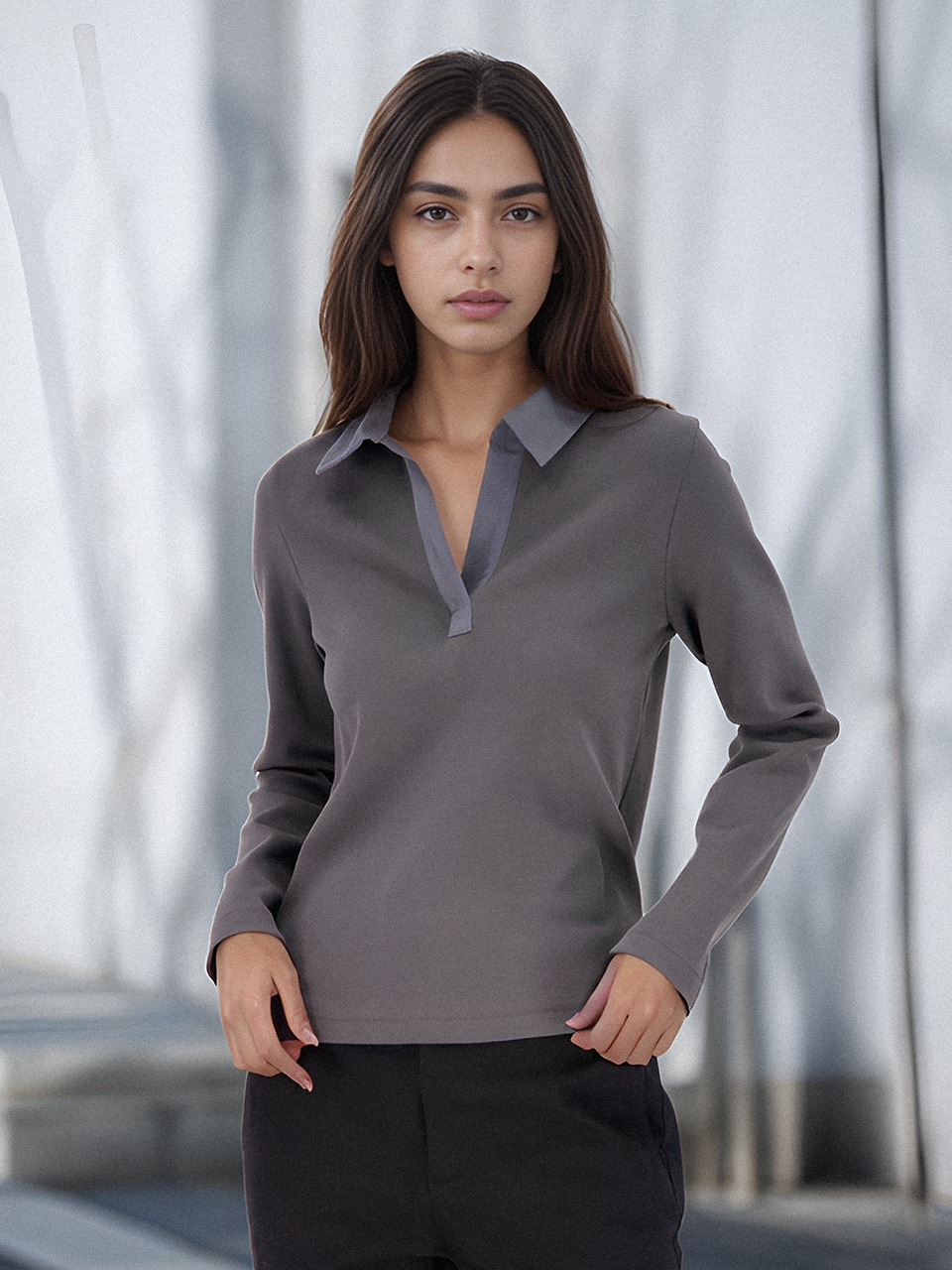 Ribbed Collar T-shirt _Grey