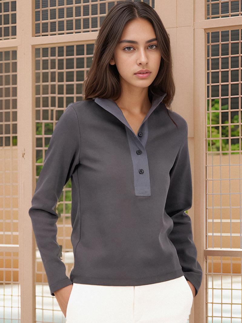 Ribbed High-neck Button T-shirt _Grey