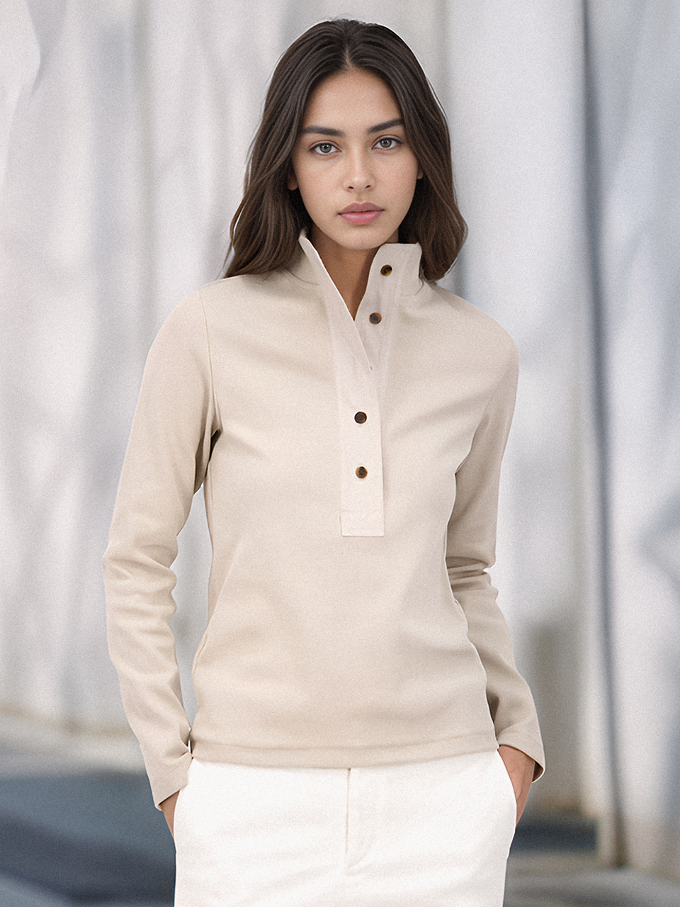 Ribbed High-neck Button T-shirt _Beige