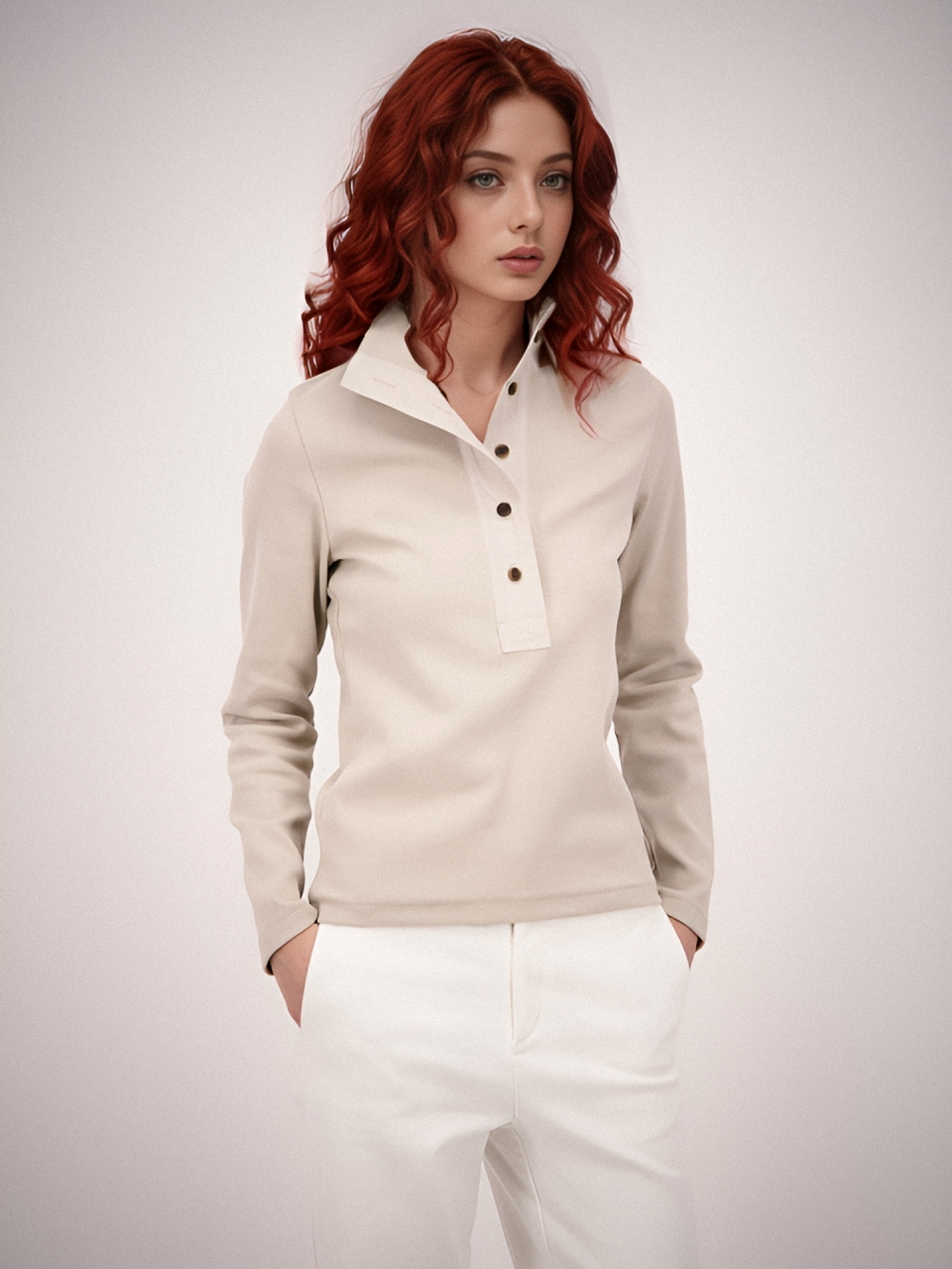Ribbed High-neck Button T-shirt _Beige