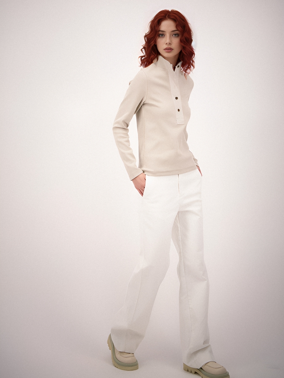 Ribbed High-neck Button T-shirt _Beige