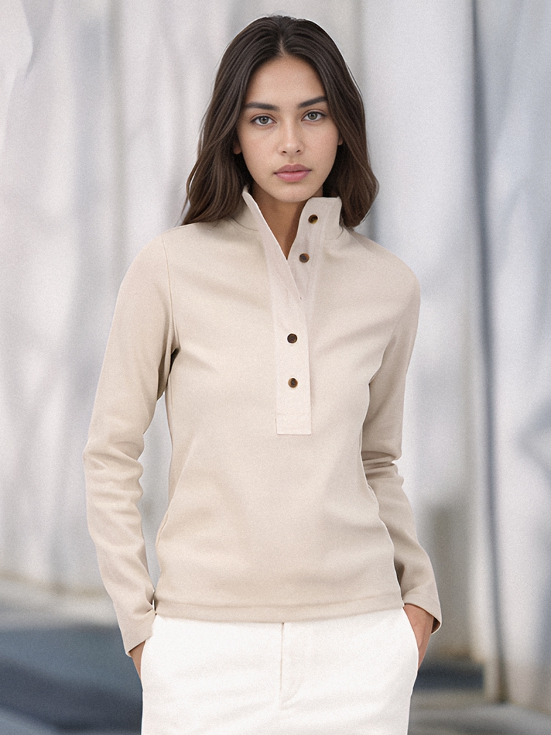 Ribbed High-neck Button T-shirt _Beige
