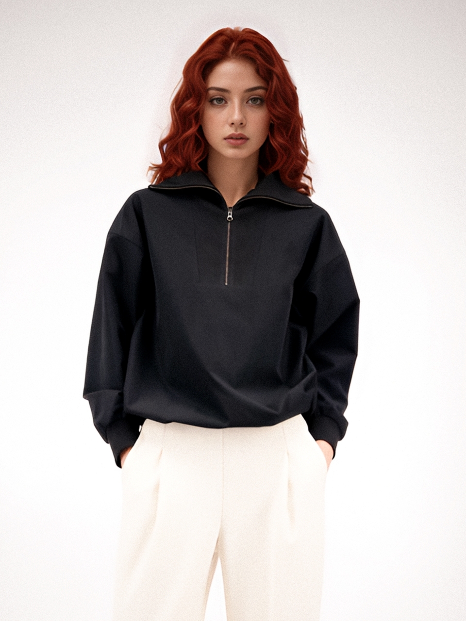 Half Zip-up Sportive Blouse _Beige