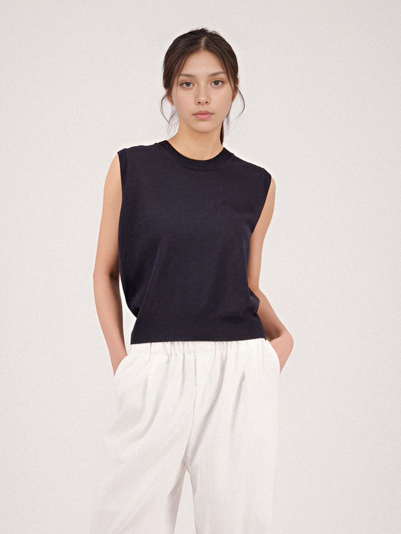 Linen Round Neck Sleeveless Knit _Navy