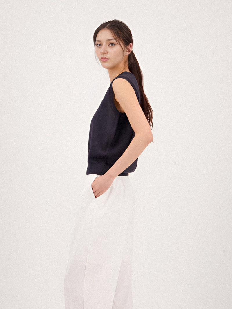 Linen Round Neck Sleeveless Knit _Navy