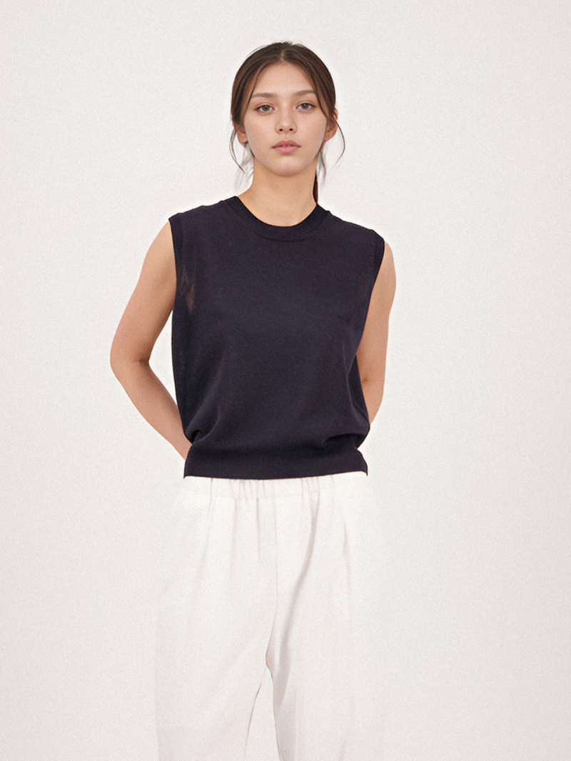 Linen Round Neck Sleeveless Knit _Navy
