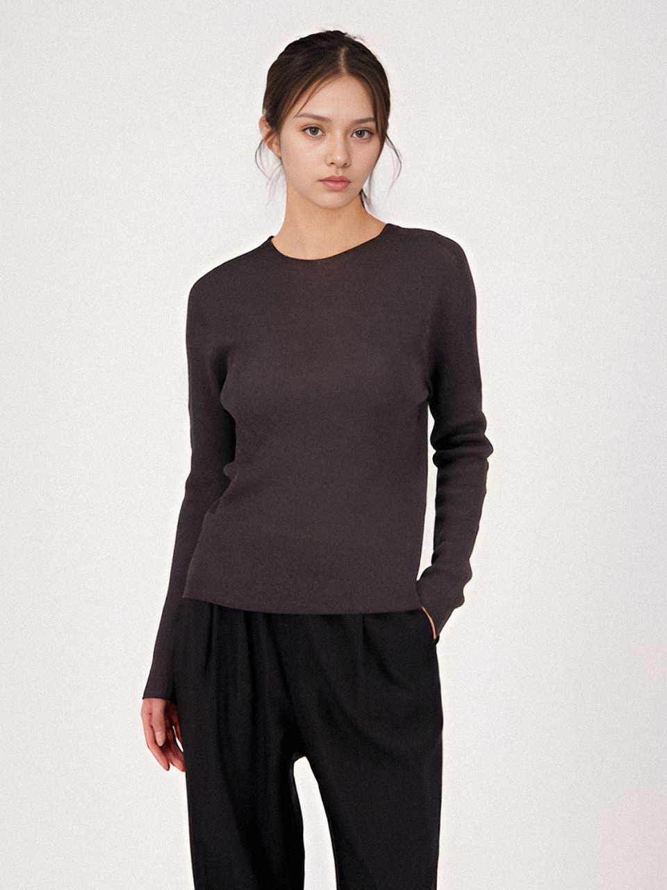Long Sleeve Ribbed Linen Knit _Charcoal