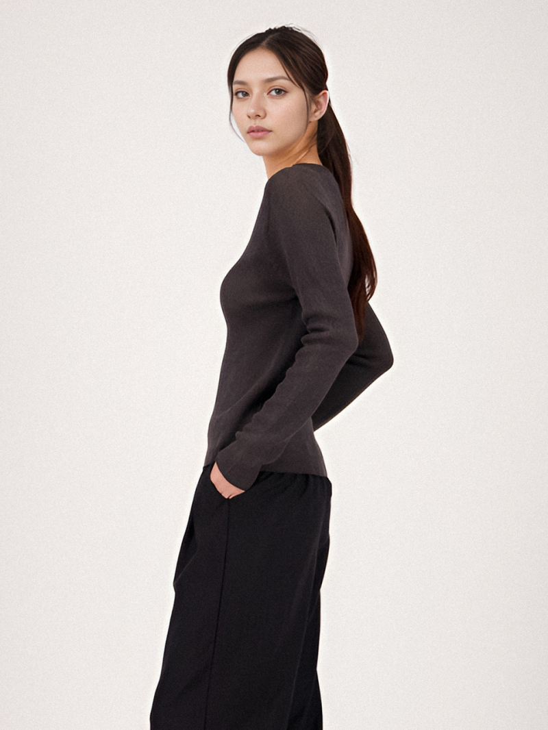 Long Sleeve Ribbed Linen Knit _Charcoal