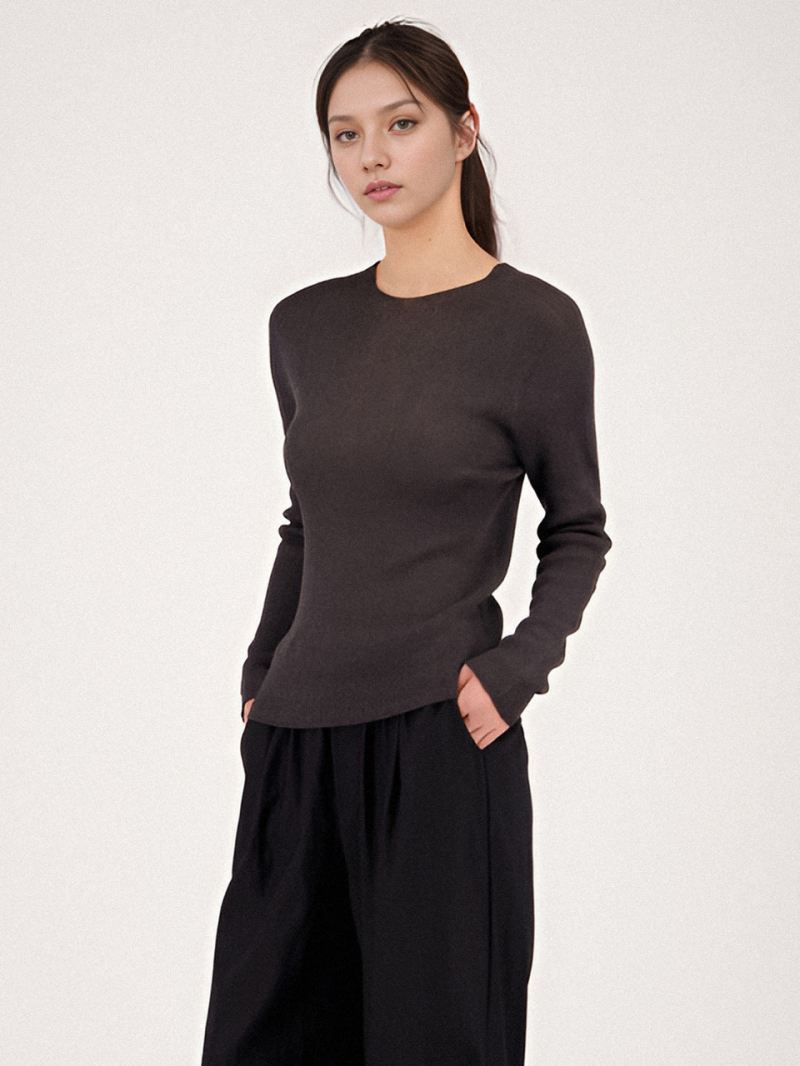 Long Sleeve Ribbed Linen Knit _Charcoal