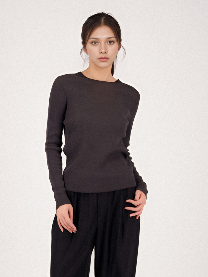 Long Sleeve Ribbed Linen Knit _Charcoal