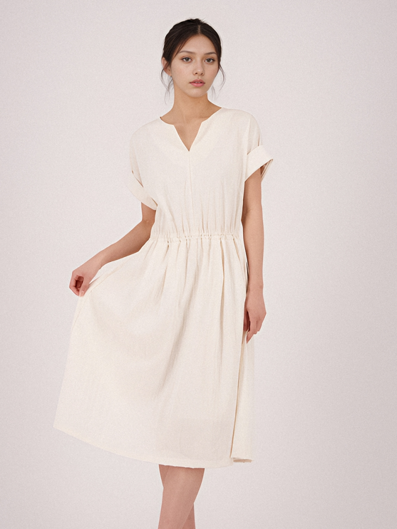 Sleeve Detail Slit Dress _Ivory