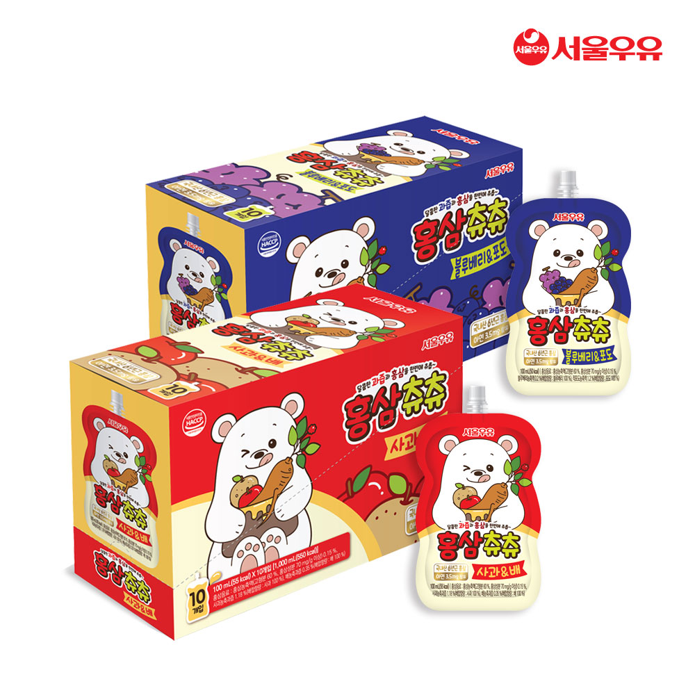 [B2B상품] 서울우유 홍삼츄츄 사과배,블루베리포도100ml 2종40팩 어린이홍삼음료