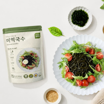 [네이처픽] 미역으로 만든 면 미역국수180g 15봉 저칼로리(비빔소스10개+메밀소스5개) 비건인증 휴대간편