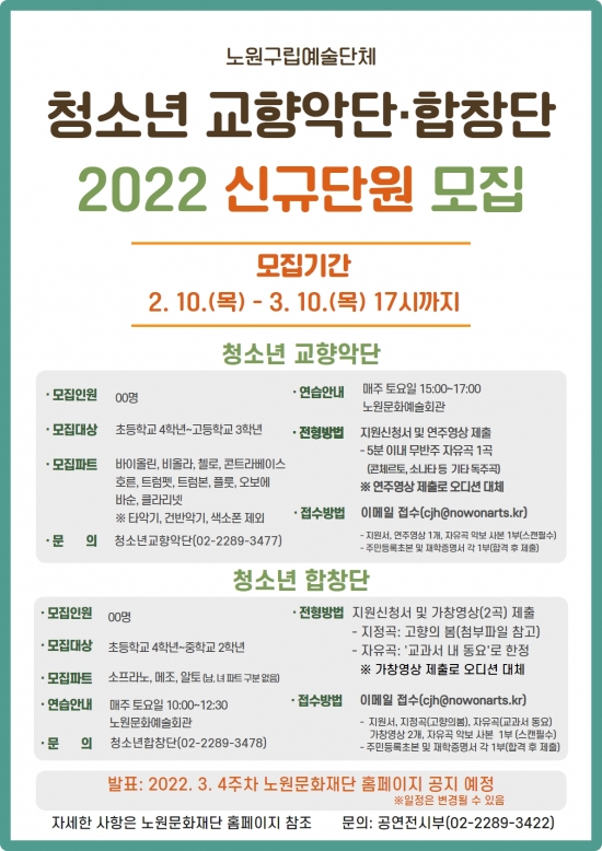 2022 노원구립 청소년합창단, 교향악단 신규단원 모집