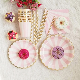 파티일회용접시 핑크 스트라이프 접시 컵