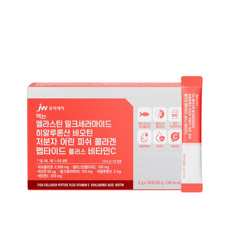JW중외제약 먹는 엘라스틴 밀크세라마이드 히알루론산 비오틴 저분자 어린 피쉬 콜라겐 펩타이드 플러스 비타민C 30포
