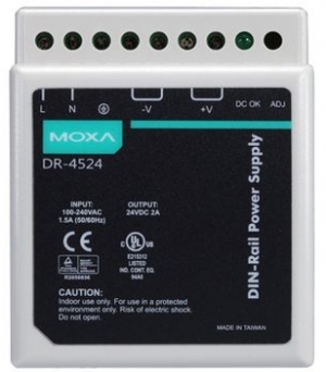MOXA 목사 DR-4524 45W/2A DIN-rail 24 VDC power supply with universal 85 to 264 VAC or 120-370 VDC input, -10 to 50°C operating temperature