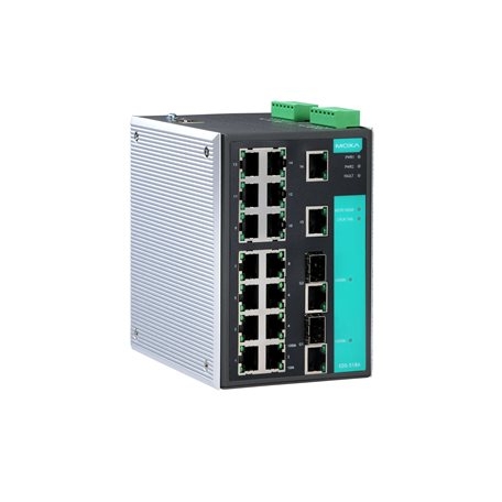 MOXA 목사EDS-518E-MM-ST-4GTXSFP  Managed Gigabit Ethernet switch with 12 10/100BaseT(X) ports, 4 10/100/1000BaseT(X) or 100/1000BaseSFP ports, 2 100BaseFX multi-mode ports with ST connectors, -10 to 60°C operating temperature