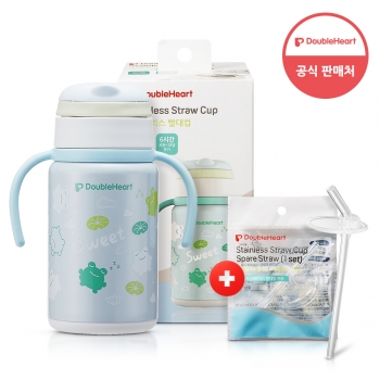 [다운로드쿠폰12%/본품+교체용] 더블하트 스테인리스 빨대컵 개구리 (+스페어 리필세트 증정)