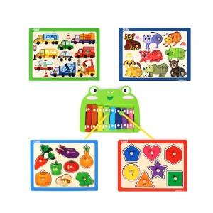 [유아원목교구] 베이비 세트-3 (손잡이퍼즐 4종 -자동차, 동물, 채소, 도형+개구리 실로폰) / 도형, 색, 형태 변별력 향상