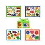 [유아원목교구] 베이비 세트-3 (손잡이퍼즐 4종 -자동차, 동물, 채소, 도형+개구리 실로폰) / 도형, 색, 형태 변별력 향상