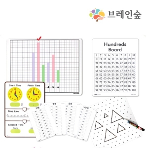 [수학교구] 쓰고 지우는 수학 보드판 5종 세트(12장) / 쓰고지우는 놀이판,100숫자양면보드,시계학습보드판,삼각사각양면기하판,사칙연산양면카드