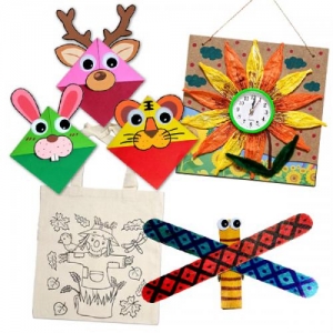 10월 4종만들기꾸러미세트-A형 / 에코가방,모서리 책갈피 종이접기,해바라기 벽걸이 시계,집게 잠자리