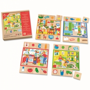 [구알라] 집안관찰퍼즐 4종세트-주방,욕실,침실,식탁 / 물건-상황 퍼즐매칭 / 원목퍼즐