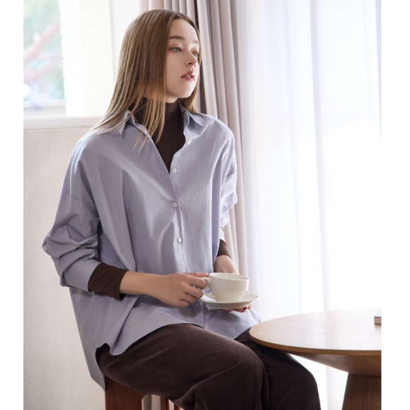 유어즈 스트라이프  블루 오버핏 셔츠