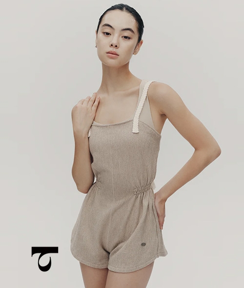 Typha - Beige Ribbon-Tie Suspender Playsuit