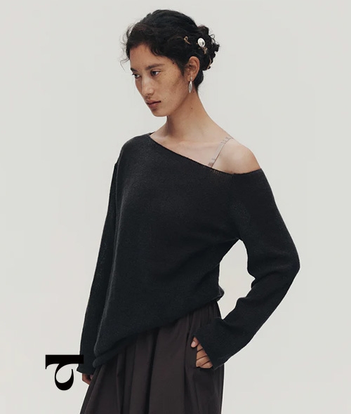 Typha - Asymmetrical Openwork Knit Long-Sleeved Top