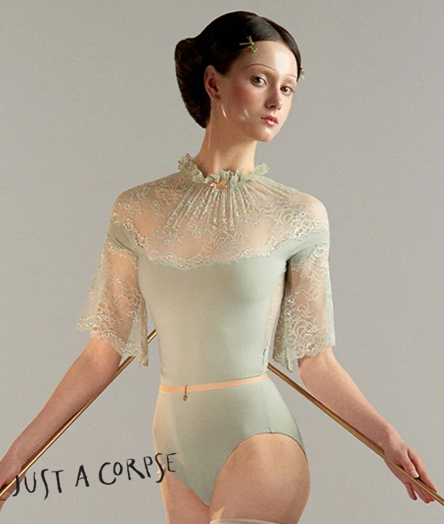 JAC - CHANTILLY LACE DOLL mockneck leotard with short bell sleeves