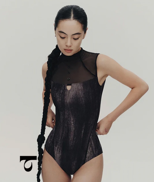 Typha - High-Neck Mesh Brushstroke Print Leotard