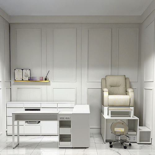 어센드 올인원 세트 <small>네일샵 가구</small><hr style="border: solid 1px #dbdbdb;"><h5>900mm 컬러 수납장과 1300 싱글 테이블, 1인샵 강추! 테이블부터 패디까지 한번에</h5>