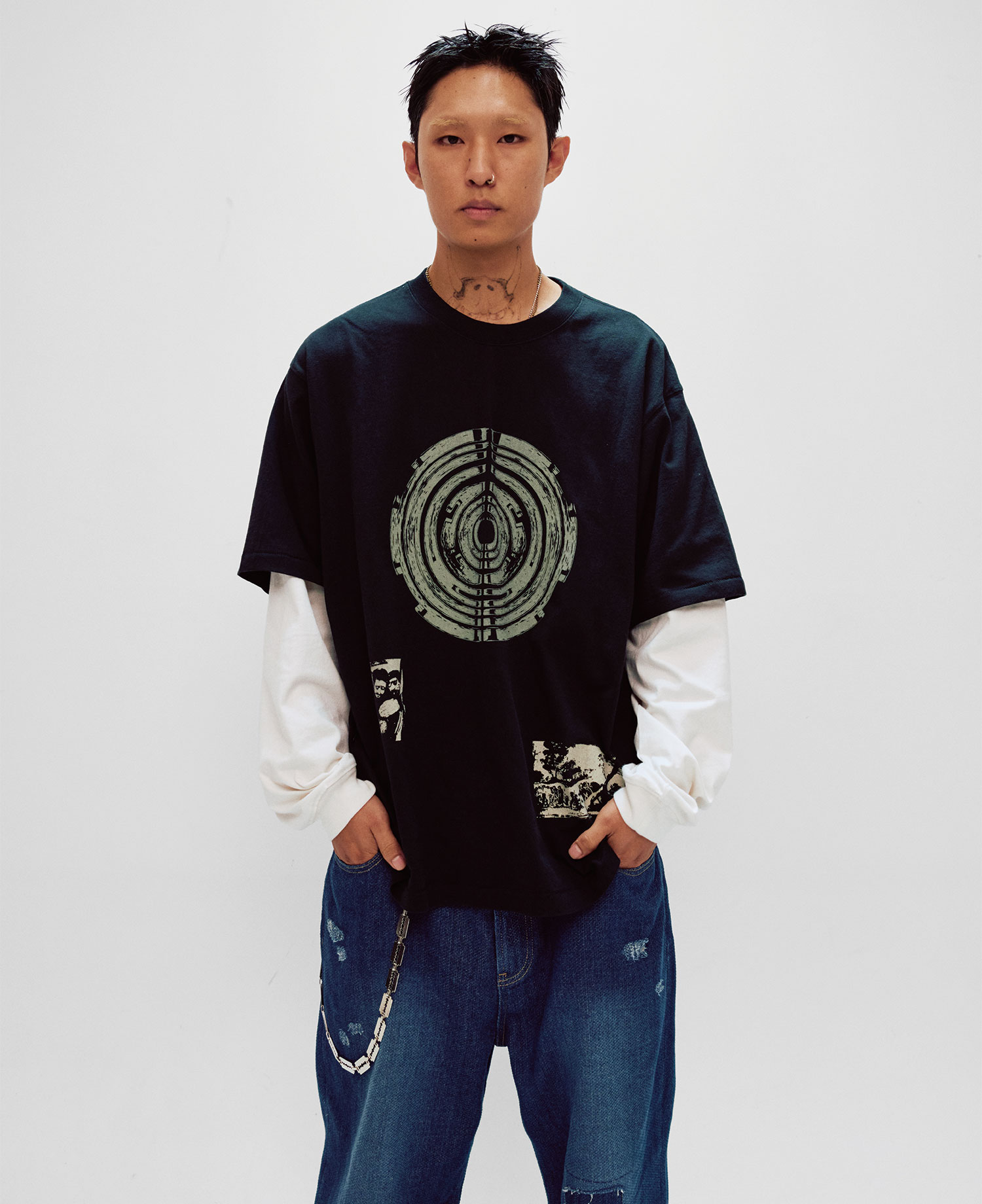 INSANE PENTAGRAM LAYERED LONG SLV_WASHED BLACK