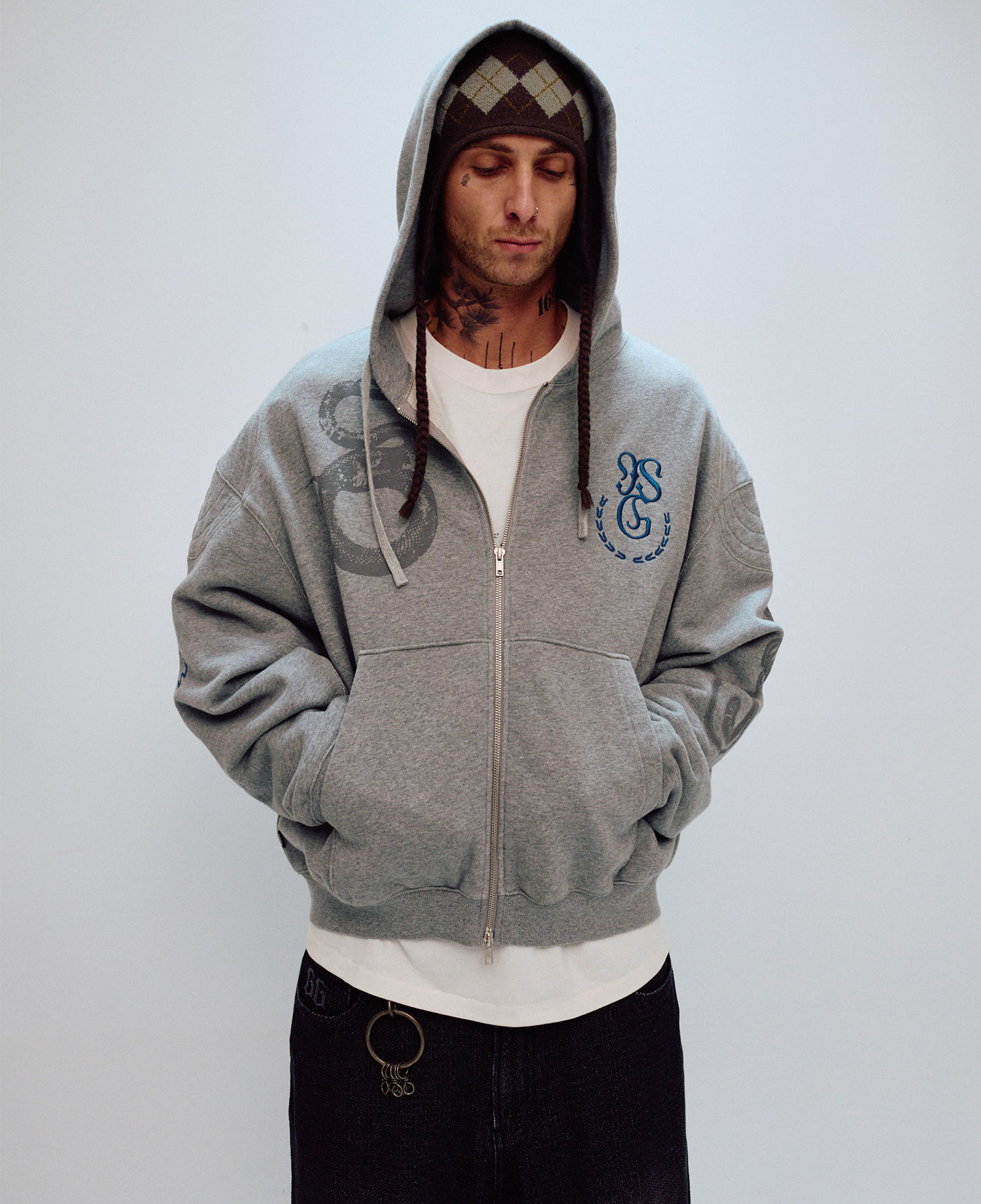 INSANE FLAG PADDED SHOULDER HOODIE_MELANGE GRAY